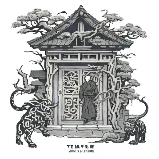 Temple Of The Bull Coming Out Of A Tree Of Life And A Monk At The Door With Sword In Hand