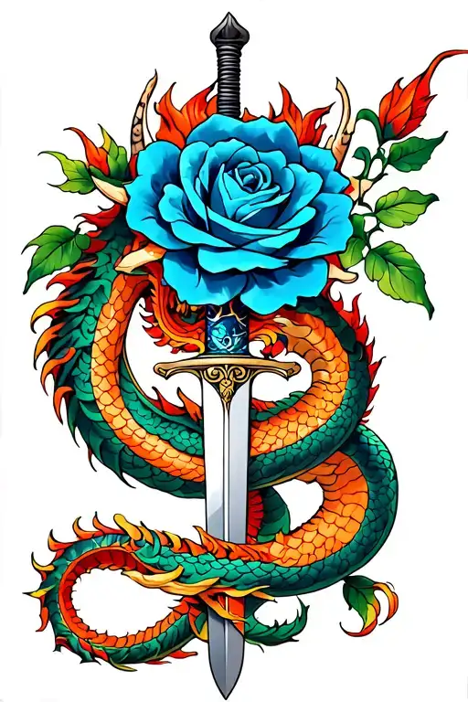 A Dragon Wrapped Around A Sword And A Blue Rose Intertwined