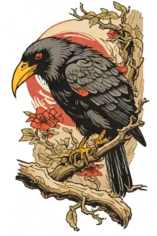A Crow With Red Eyes On A Branch Representing
