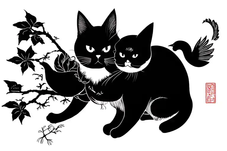 Cat And Bird Perched