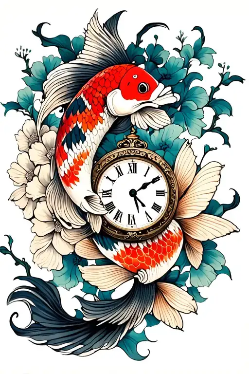 Koi Fish Flowers And Clock Face