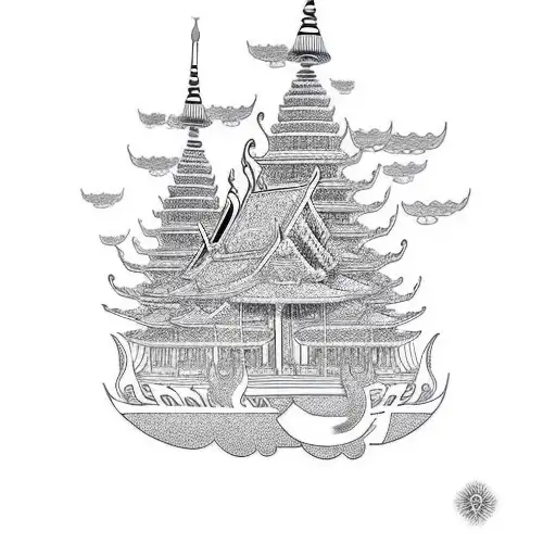 Thai Temple With Sea And Ship And Lotus