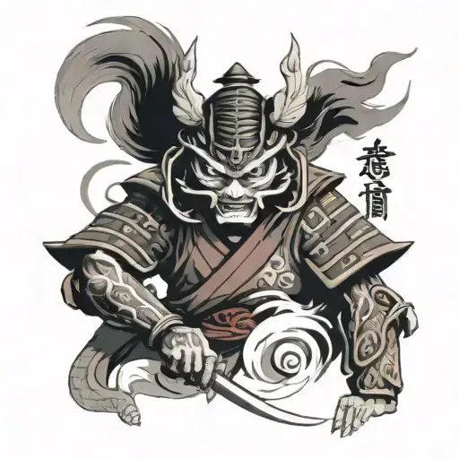 Samurai Warrior Standing Pagoda Temple Kitsune Mask