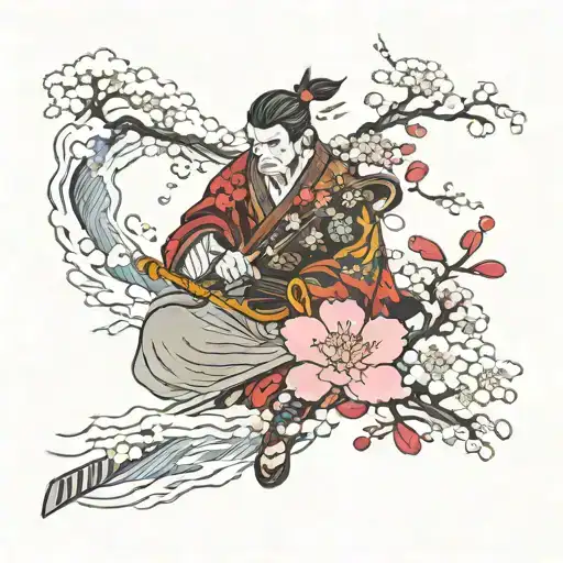 Samurai And Cherry Blossoms And Blade Cutting