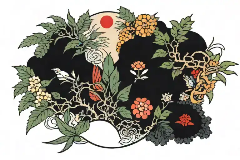 5 Japaneses Symbos With Japanese Plants In The Background With A Very Little Bit Of Red