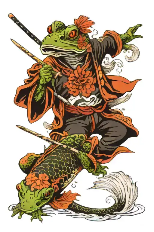 Samurai Frog Fighting Koi