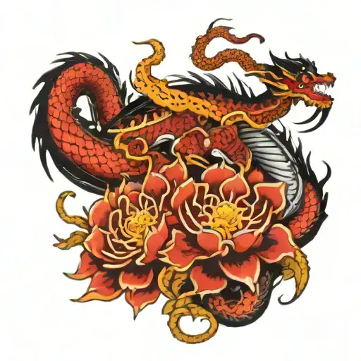 Warrior And Dragon With Traditional Flowers As A Sleeve