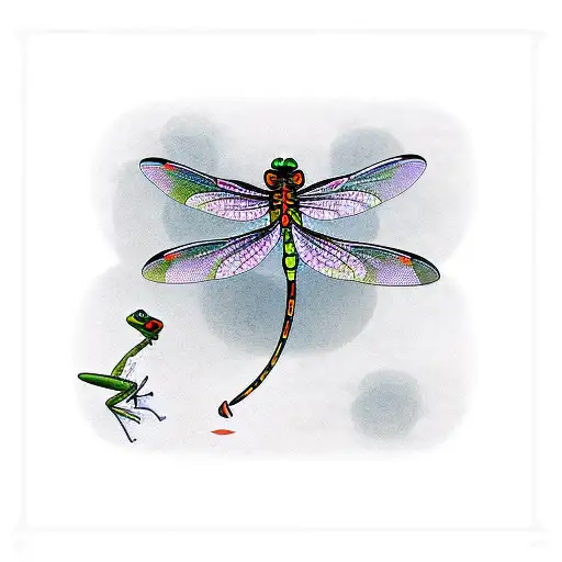 Dragonfly Flying Away From A Frog With A Lotus Flower In The Backgorund