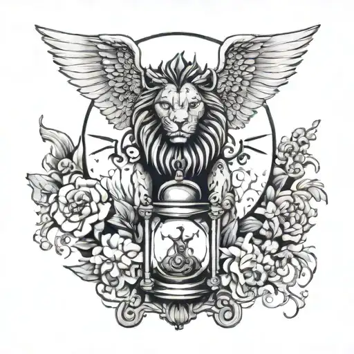 Hourglass With Devil And Angel Wing In Which An Evil Lion Is Imprisoned