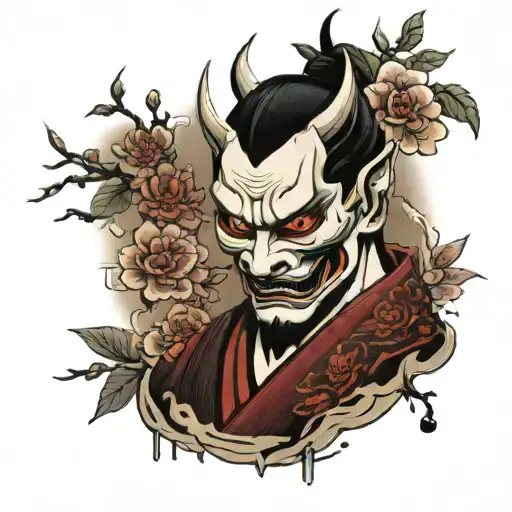 Hannya Demon Mask With Sakura In The Background