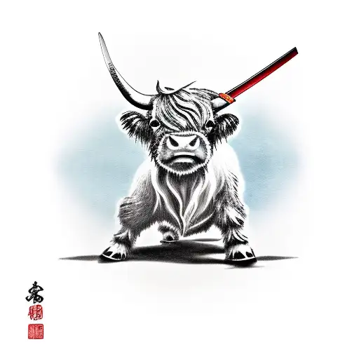 Baby Highland Cow Standing On Hind Legs Holding A Katana With One Of Front Leg Wearing A Gi On