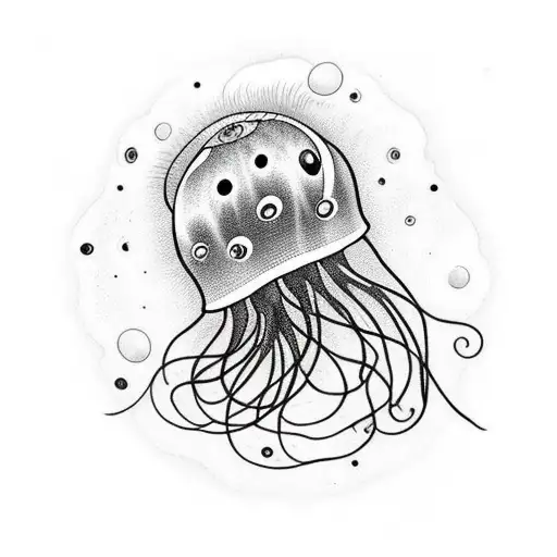 Black Jellyfish Fine Line With A Red Circle On The Background