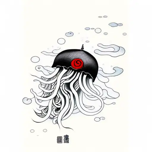 Black Jellyfish Fine Line With A Red Circle On The Background