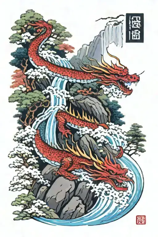 Red Dragon In The Forest With A Waterfall Cascading All Color