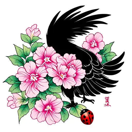 Phoenix With Violets And A Ladybug