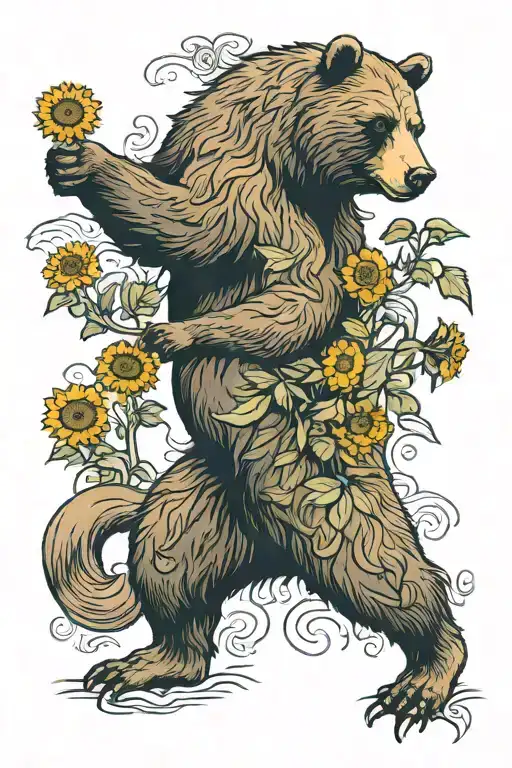 Grizzly Bear Standing On Hind Legs Surrounded By Sunflowers