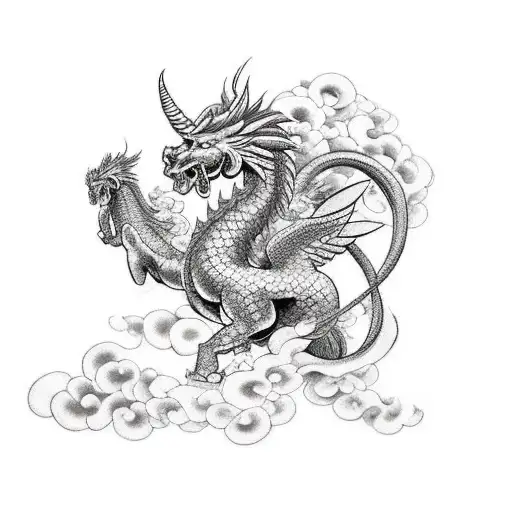 Hercules And Pegasus With A Japanese Dragon And Smoke In The Background
