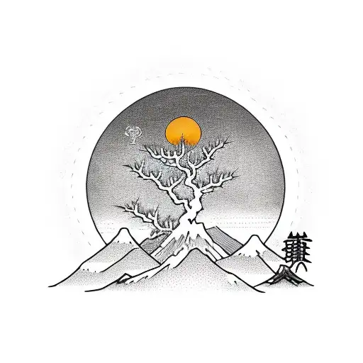 Mountain And Tree In A Oval With Sun