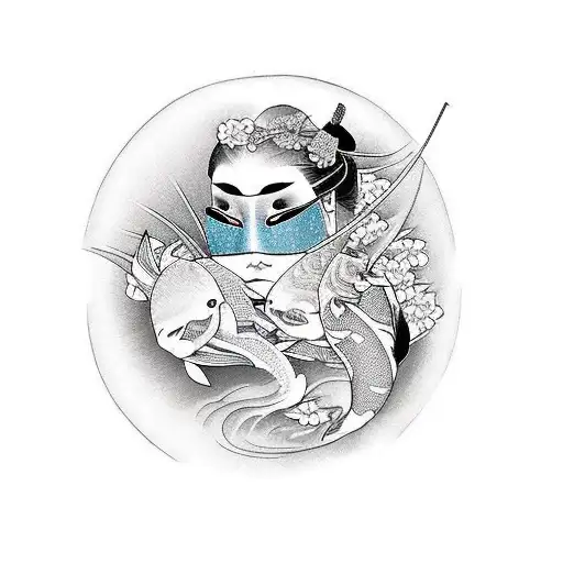 Geisha With Mask And Koi Fish