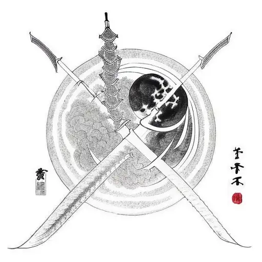 Samurai Looking At A Japanese Dragon In A Distance Surrounding A Moon