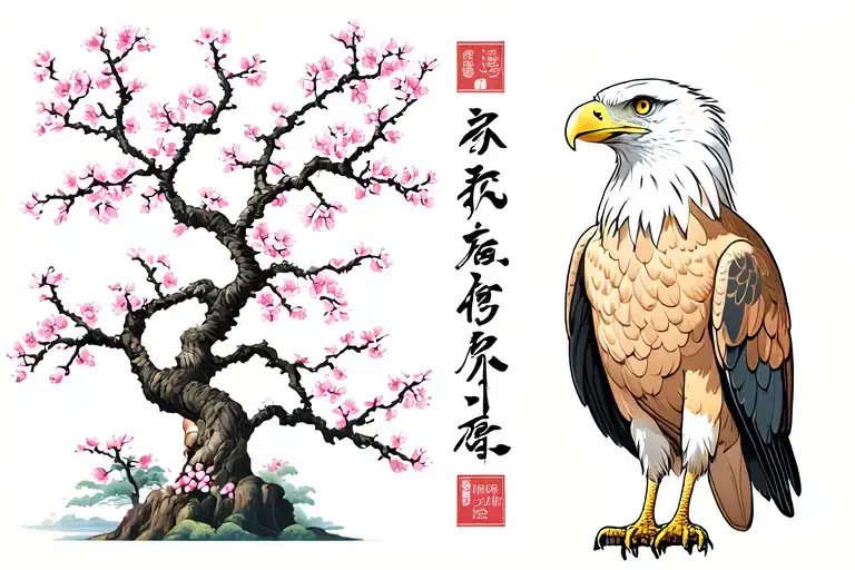 Cherry Blossom Tree And American Eagle With The Japanese Word Strength And Courage On The Back