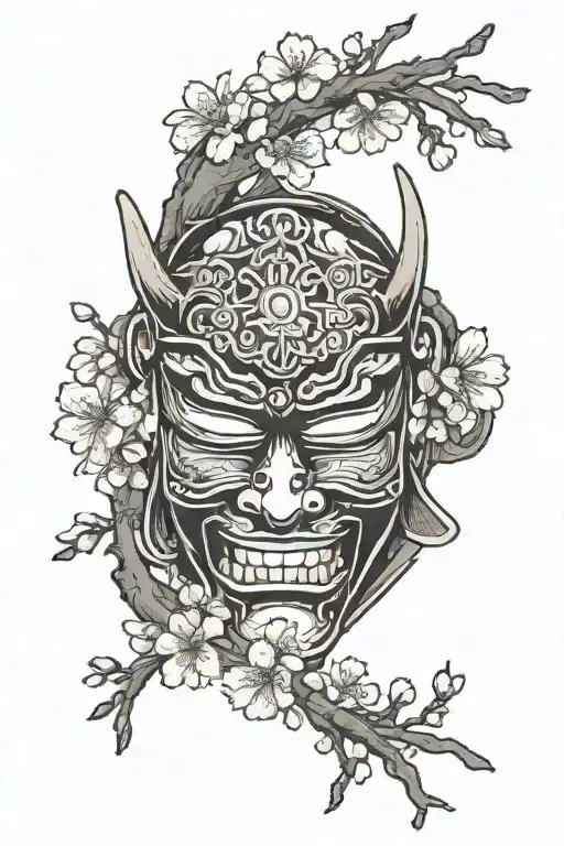 A Broken Samurai Mask With Cherry Blossoms Around It