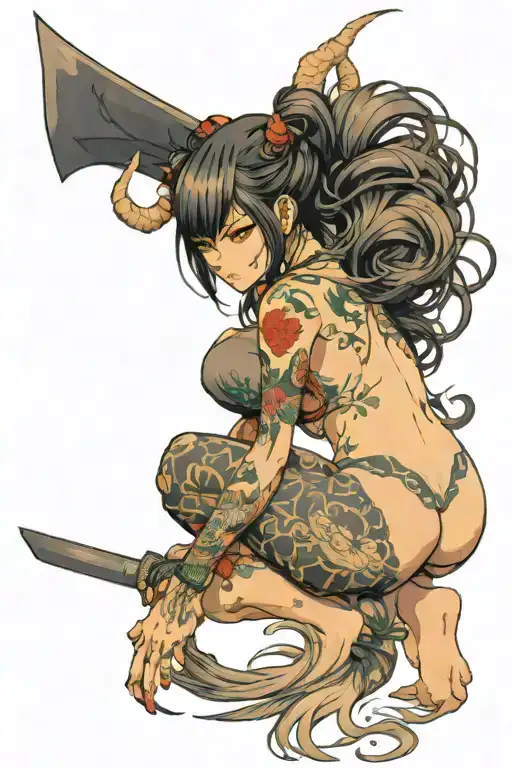 Nude Demon Anime Girl On Her Knees Looking Back With A Spade Tail