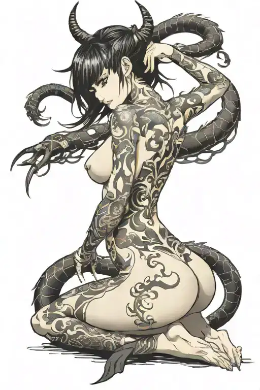 Nude Demon Anime Girl On Her Knees Looking Back With A Spade Tail