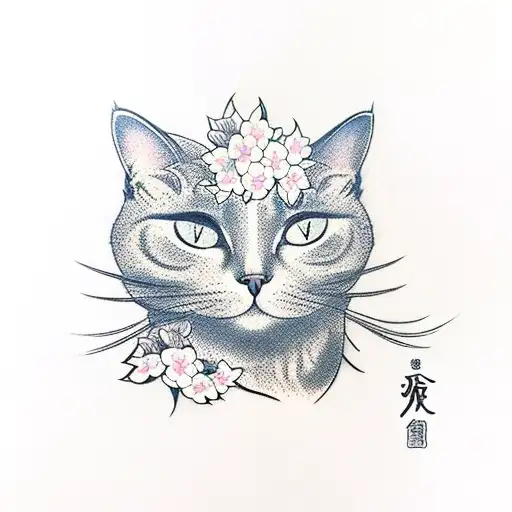 Cat With Sakura Flower