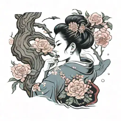 Geisha Removing Demon Mask Surrounded By Cherry Blossom Tree
