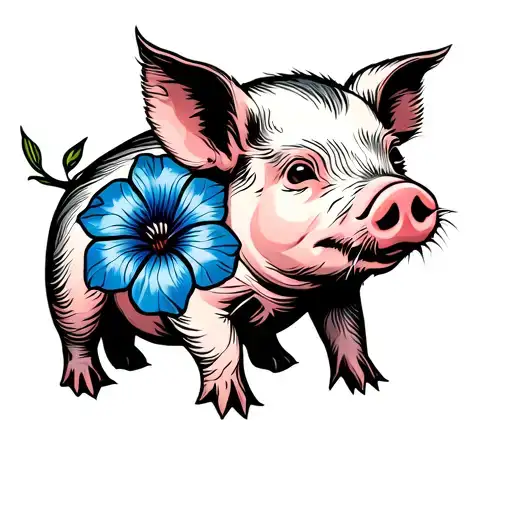Baby Pig With Blue Morning Glory Flower