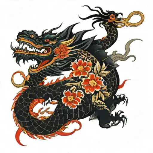 Black Dragon With Some Red Flowers In Oriental Style