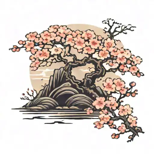 Cherry Blossom Tree With Traditional Black Cloud Background