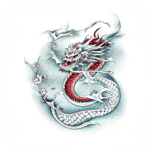 Japanese Dragon With Red Cherry Blossoms