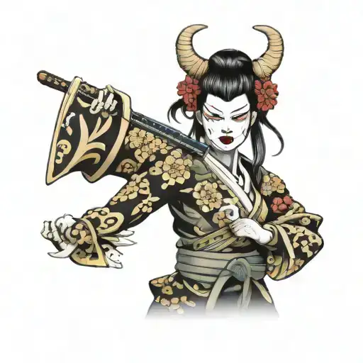 Japan Oni Girl Samurai With Mask Holding Flowers