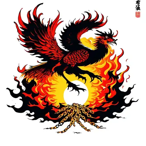 Flaming Phoenix Rising From Ashes Breaking Chains With Japanese Rising Sun