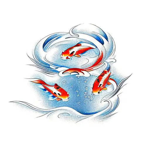 Koi Fish With Wave And Flower