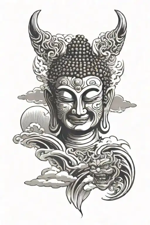 Buddha And Oni Mask With Cloud Background