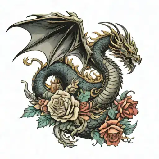 A Large Dragon Flying With Skulls And Roses In The Background