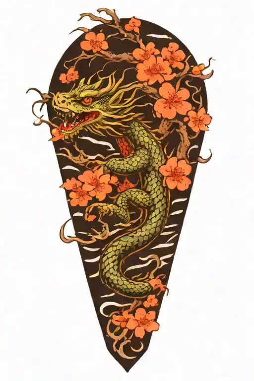 Japanese Water Dragon With Waves And Cherry Blossoms