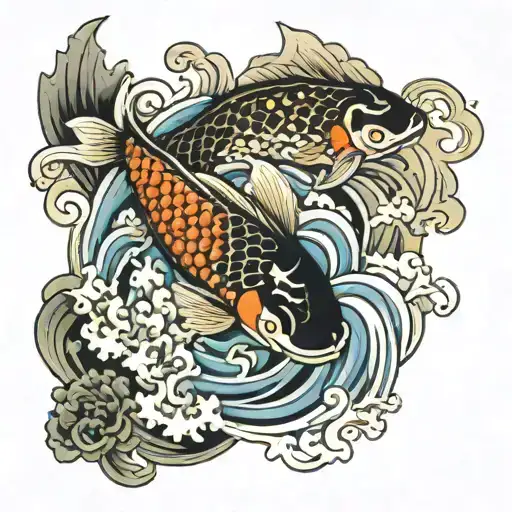 Koi Fish And Frog With Waves In Background Half Sleeve