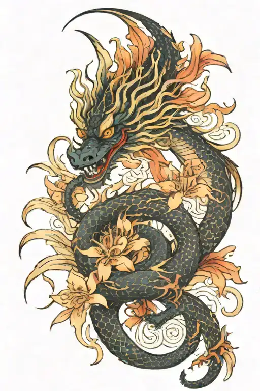 Dragon With A Lycoris Radiata Flower
