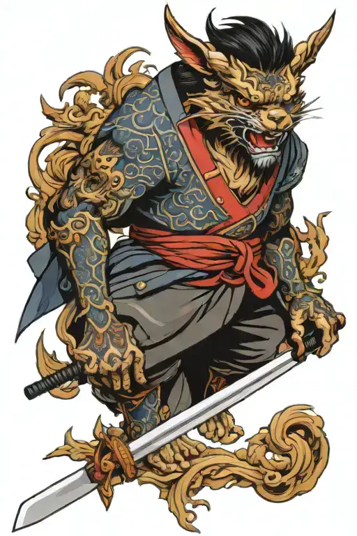 Samuri With Sword Tattoo With Sharigan Eye Surrounded