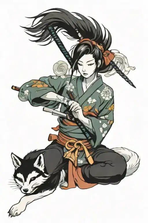 Girl With Katanas In Hands And Kitsune In The Background