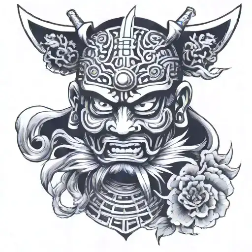 Japanese Samurai Mask Chest Tattoo Design