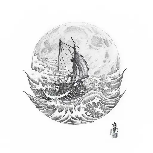 Cthulhu Raising From The Ocean Reaching To The Moon While A Little Ship Is Sealing Away From It