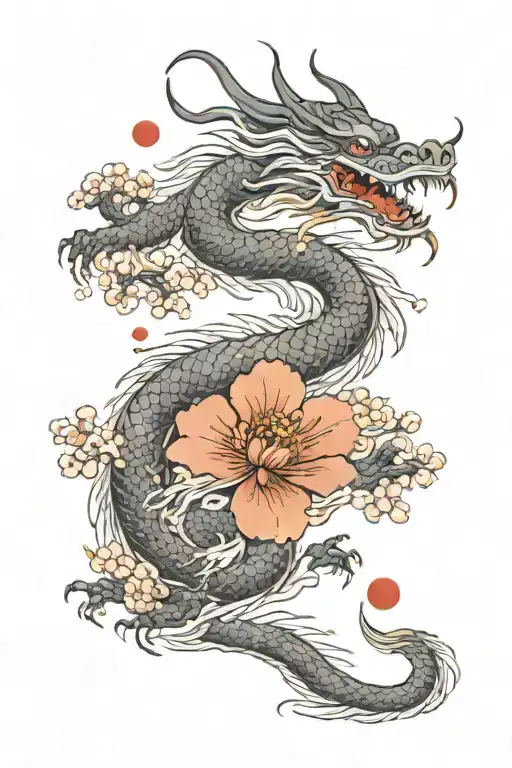 Japanese Dragon With Sakura Flowers
