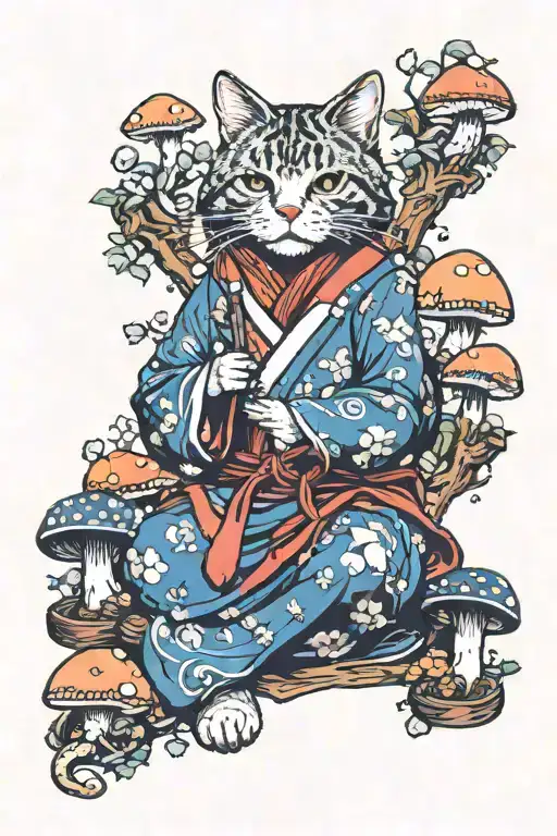 Wizard Cat Wearing Robes Surrounded By Mushrooms