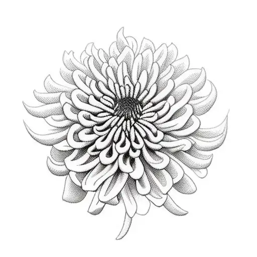 A Realistic Chrysanthemum In Blackwork With A White Background