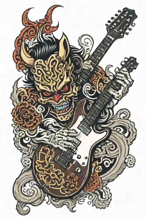 A Oni Mask Split In Half By A Electric Guitar With The Saddington Family Crest Beneath The Guitar